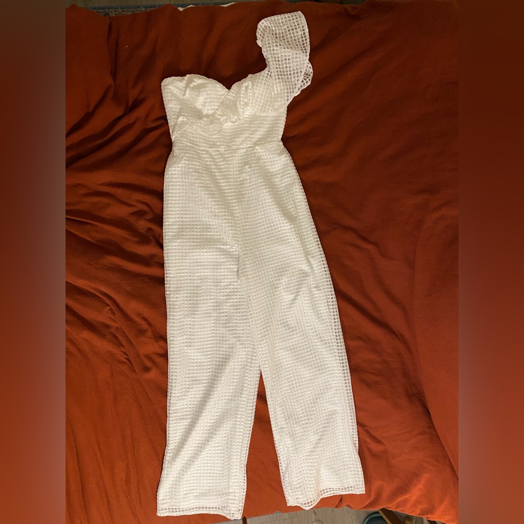 One-Shoulder White Textured Romper Jumpsuit